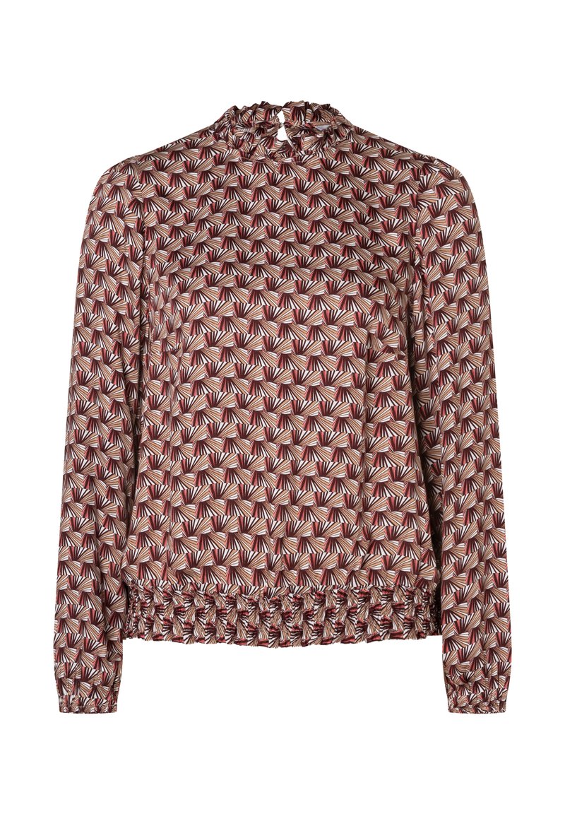 Langslurf blouse in een bordeauxrood en crème geometrisch patroon. Heeft een geraffineerde halslijn en een elastische onderrand voor een nauwsluitende uitstraling.