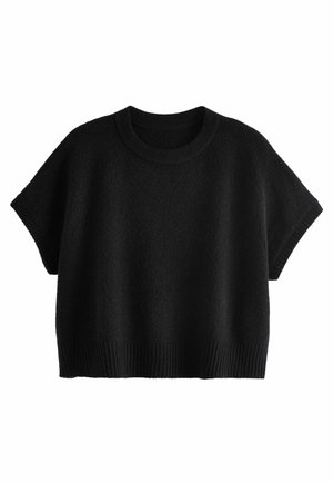 Svart stickad kortärmad tröja med rund halsringning och ribbad nederkant. Mjuk textur, boxig passform och minimalistisk design. Inga mönster eller utsmyckningar.