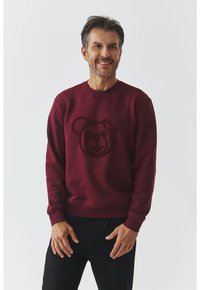 Sudadera burdeos de mezcla de algodón, con un gráfico de oso texturizado en la parte delantera, cuello redondo y puños y dobladillo de canalé.