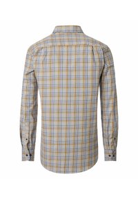 Langarmkarierter Hemd mit blauem, gelbem und weißem Karomuster, Button-Down-Kragen und Manschetten, aus atmungsaktivem Material.
