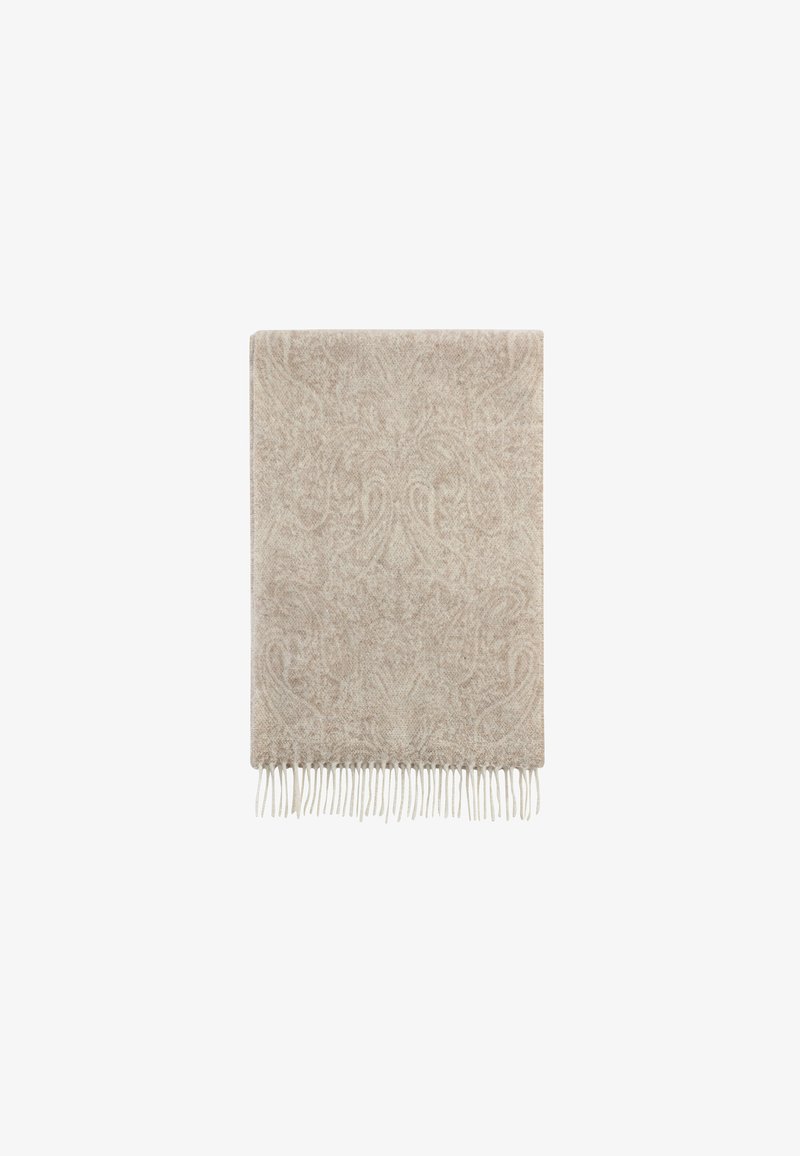 Beige decorative throw blanket with a subtle paisley pattern. Made of soft fabric, featuring white fringes along the bottom edge.