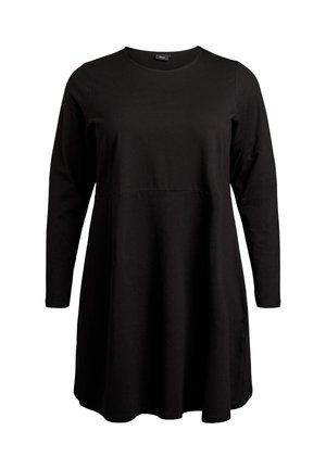 Czarna sukienka z długimi rękawami, wykonana z bawełny. Posiada okrągły dekolt i rozkloszowany krój. Gładka struktura bez widocznych wzorów ani dodatków.
