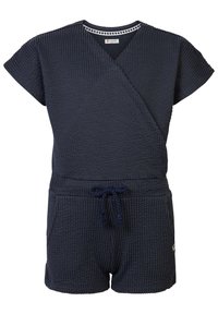 Mono azul con textura de waffle, de manga corta, diseño cruzado, cintura con cordón ajustable y bolsillos laterales. Etiquetas visibles en la parte posterior.