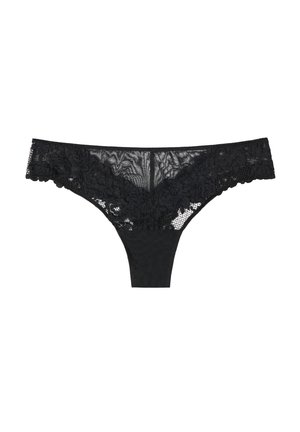 Black lace thong featuring a sheer front and floral pattern, with a solid black back and elastic waistband. Smooth texture overall.