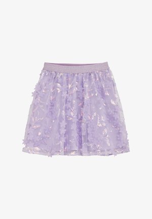 Lawendowa spódnica z tiulu z błyszczącym elastycznym paskiem w talii, ozdobiona aplikacjami kwiatowymi i cekinami dla dodatkowej tekstury i dekoracji.