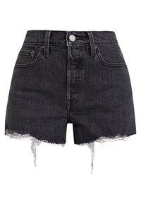 Černé džínové kraťasy s roztřepeným lemem, vysokým pasem a pětipočetním designem kapes. Přední stříbrné kovové doplňky, klasický střih a textura.