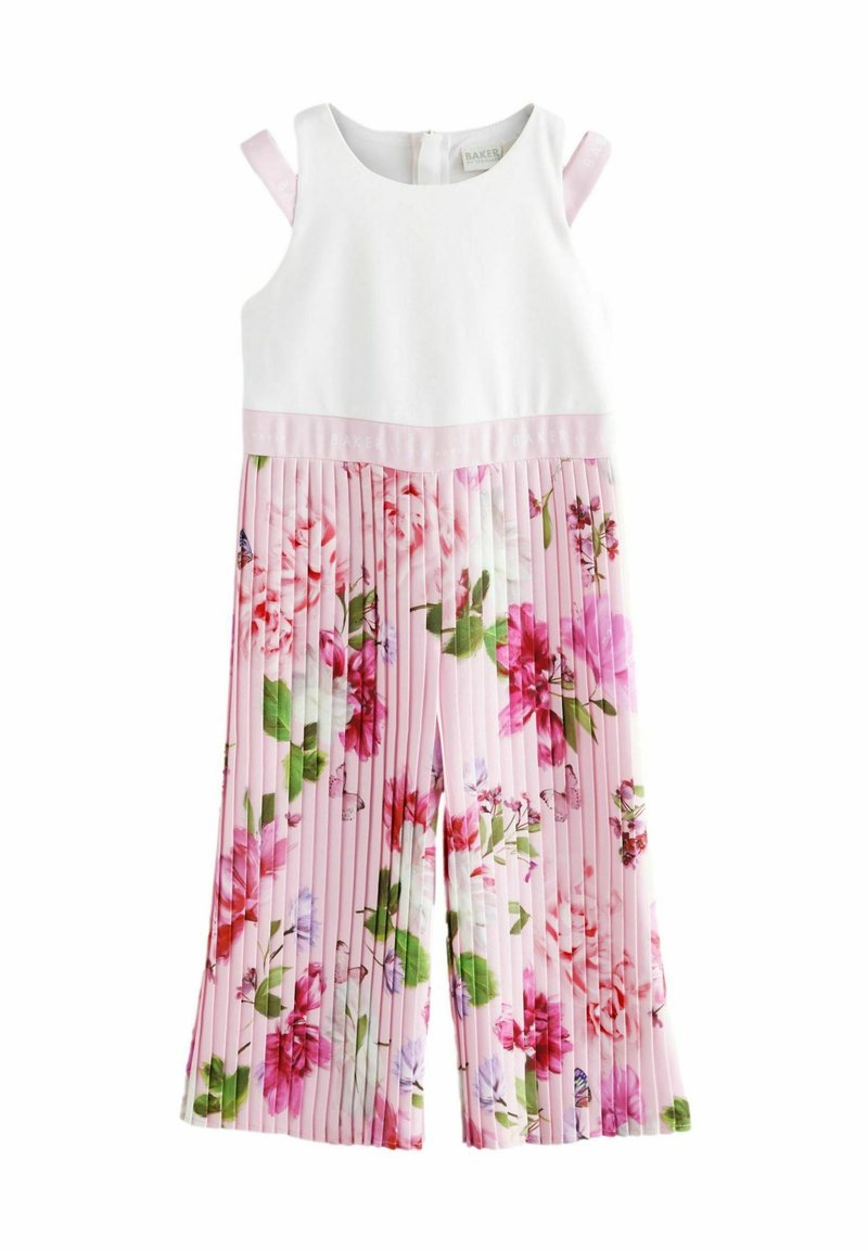 Jumpsuit floral avec un bustier blanc et un pantalon plissé rose, ornés de motifs floraux vibrants. Bretelles ajustables et fermeture éclair au dos.