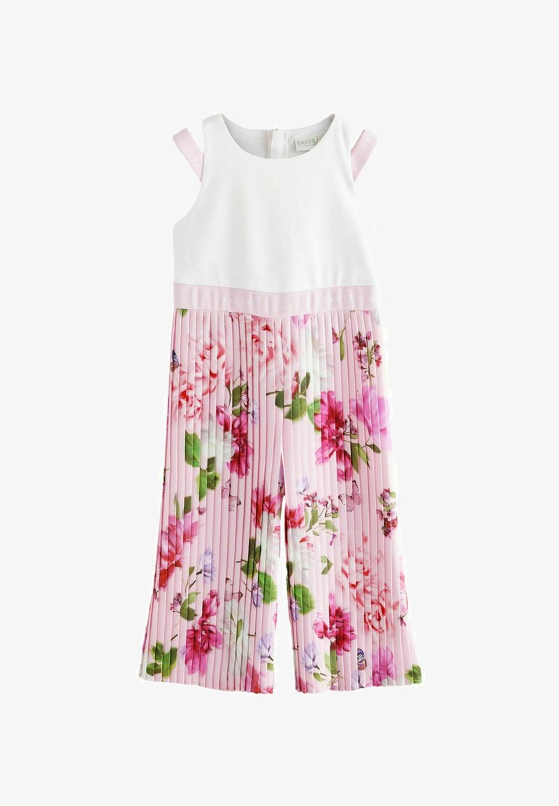 Mono floral con un cuerpo blanco y pantalones plisados rosas que presentan vibrantes patrones de flores. Tirantes ajustables y cierre de cremallera en la parte posterior.