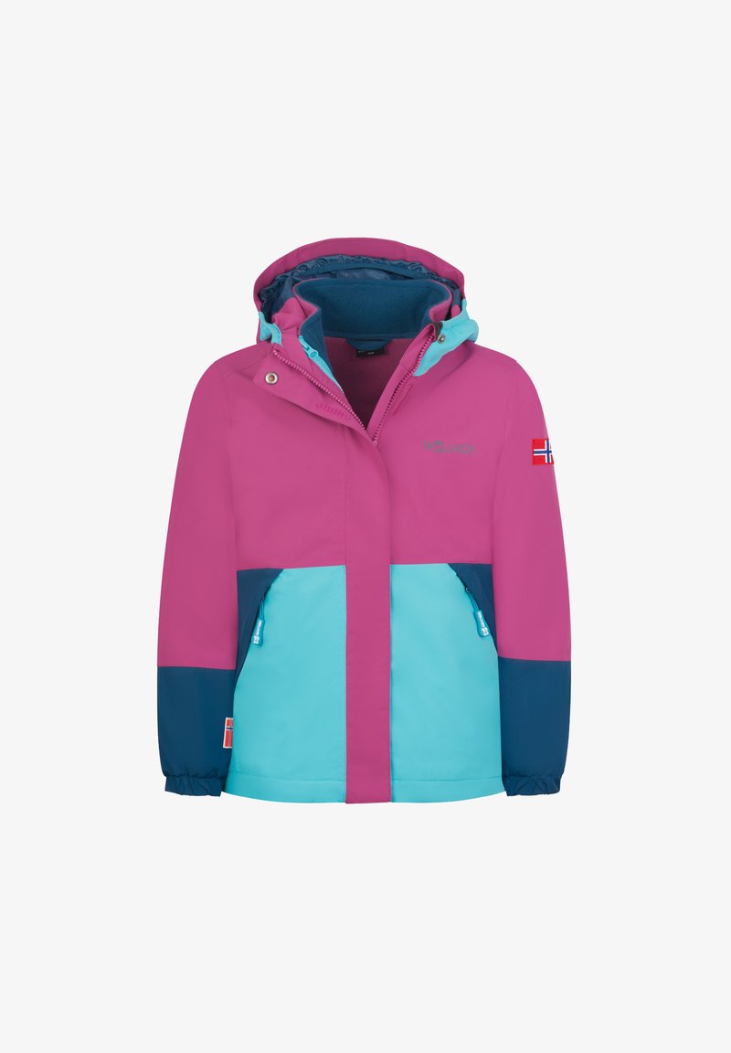 Colorful children's jacket featuring pink, blue, and navy panels, with a hood, zipper pockets, and a small Norwegian flag accent.