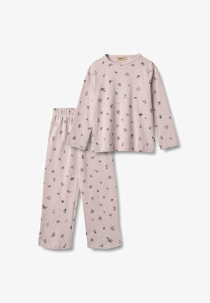 Light pink long-sleeve top and pants set with small scattered floral print in dark pink and brown tones.