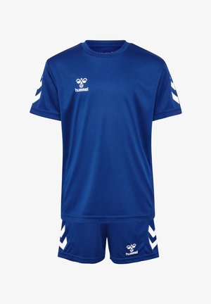 Blaue Sportbekleidung bestehend aus einem Kurzarmshirt und Shorts. Hergestellt aus glattem Stoff mit einem weißen Logo und einem Zickzackmuster an den Ärmeln.