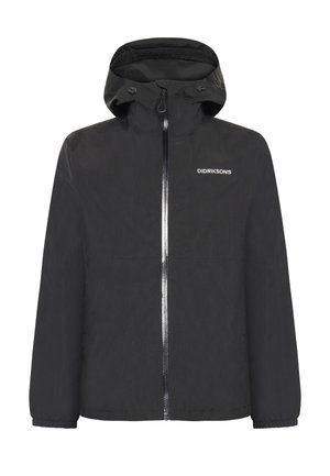 Musta vedenpitävä takki, jossa on korkea kaulus, vetoketjullinen suljenta, joustavat hihansuut ja logo vasemmassa rinnassa. Sileä pinta ja kevyt muotoilu.