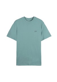 T-shirt en coton vert menthe avec un col rond, manches courtes et un petit logo imprimé sur le côté gauche de la poitrine. Forme simple et rectangulaire.
