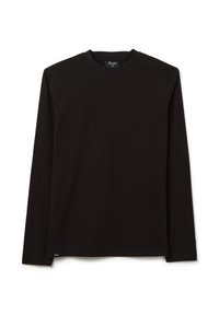 Schwarzes Langarm-T-Shirt aus weicher Baumwolle. Verfügt über einen Rundhalsausschnitt und einen geraden Saum mit einem Etikett auf der unteren linken Seite.