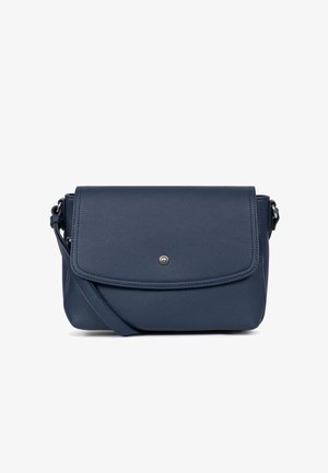 Granatowa skórzana torebka na ramię z przednią klapą i zapięciem na zatrzask, z teksturowanym wykończeniem i regulowanym paskiem.