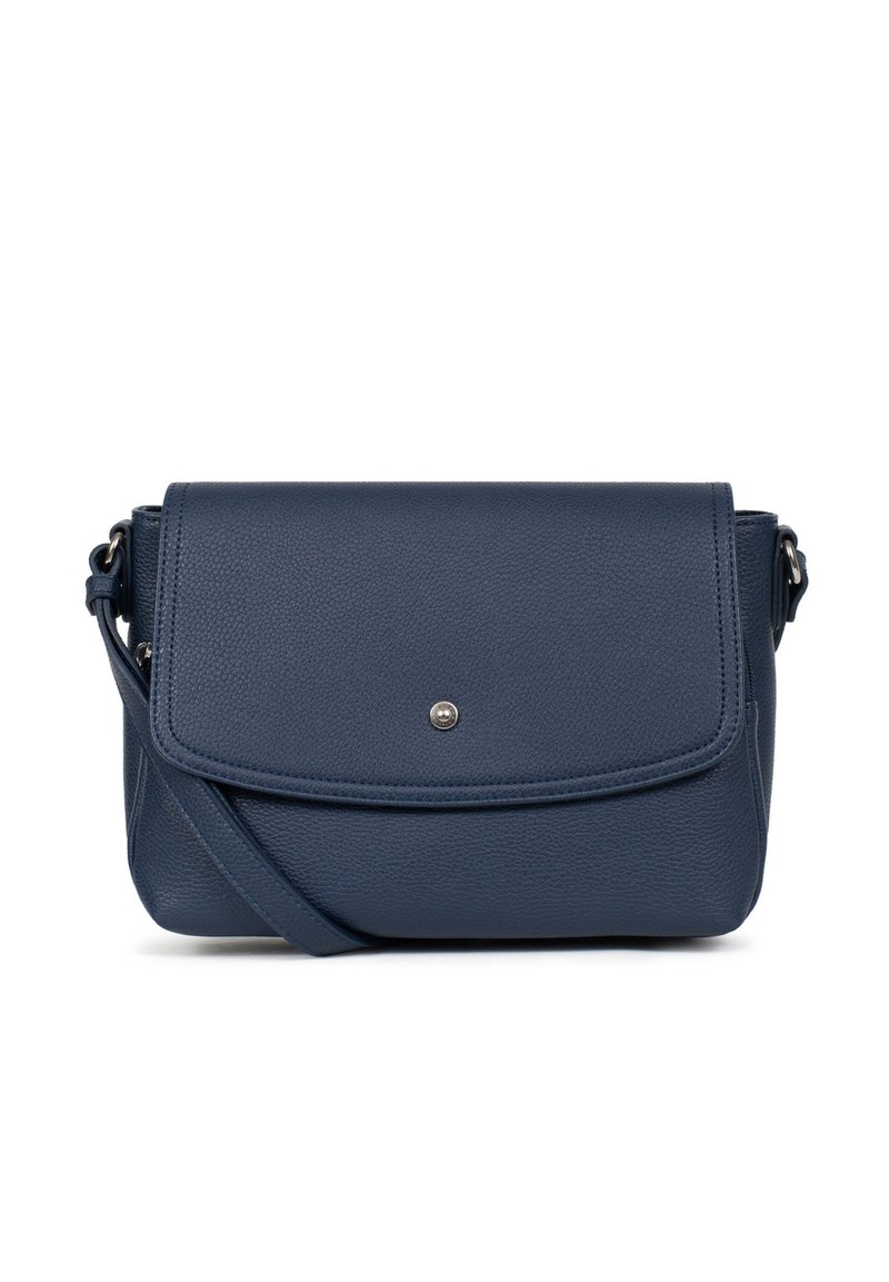 Borsa a tracolla in pelle blu navy con pattina frontale e chiusura a scatto, caratterizzata da una finitura testurizzata e una tracolla regolabile.