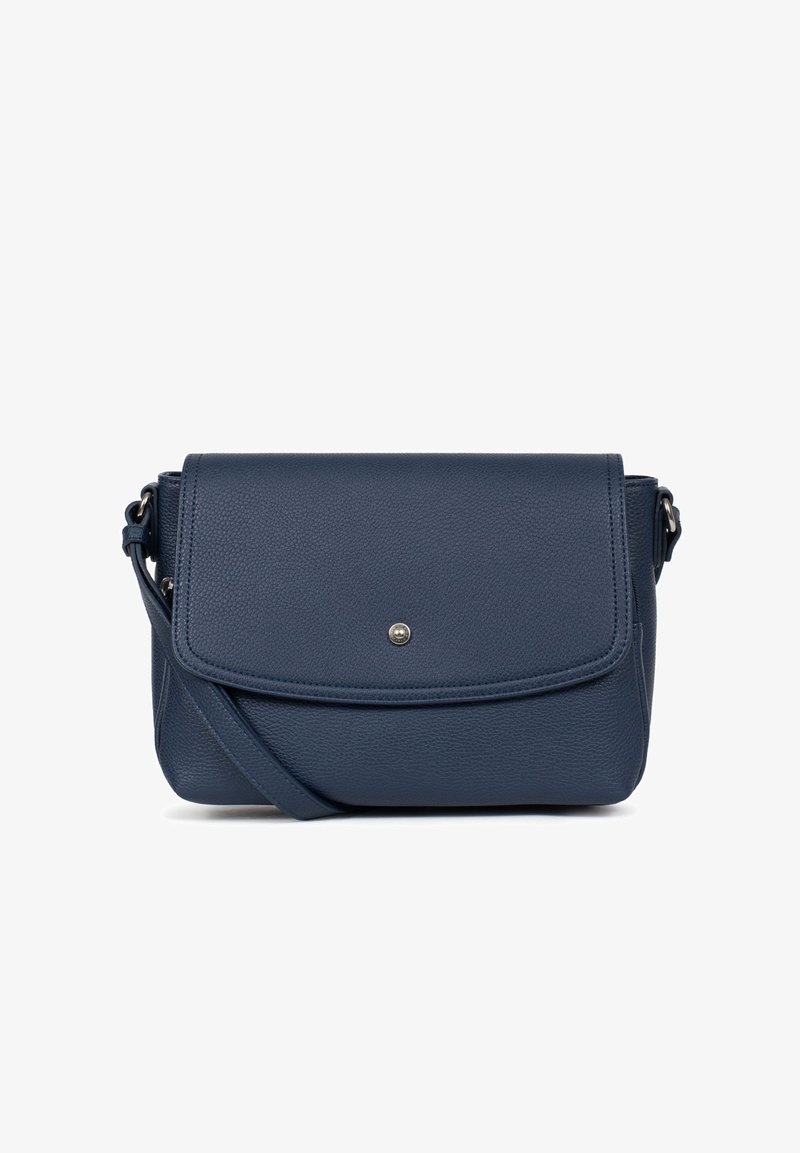 Borsa a tracolla in pelle blu navy con pattina frontale e chiusura a scatto, caratterizzata da una finitura testurizzata e una tracolla regolabile.