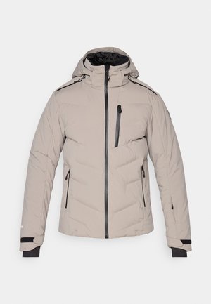 Light gray insulated jacket with a hood, featuring black accents, a zippered chest pocket, and elastic cuffs for warmth and comfort.