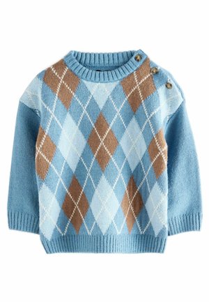 Blau-brauner Argyle-Muster Strickpullover mit gerippten Bündchen, Kragen, Saum und drei Knöpfen an der linken Schulter.