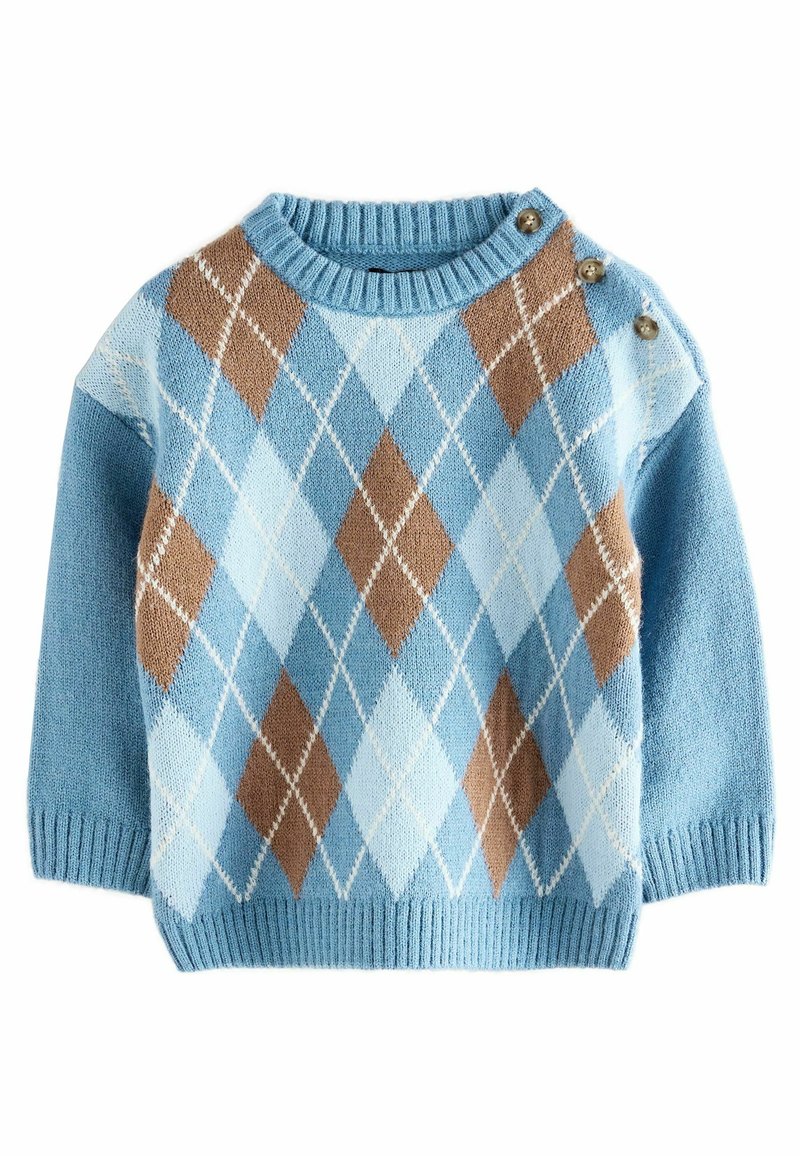 Niebieski i brązowy sweter z wzorem argyle, z prążkowanymi mankietami, kołnierzem, dołem i trzema guzikami na lewym ramieniu.