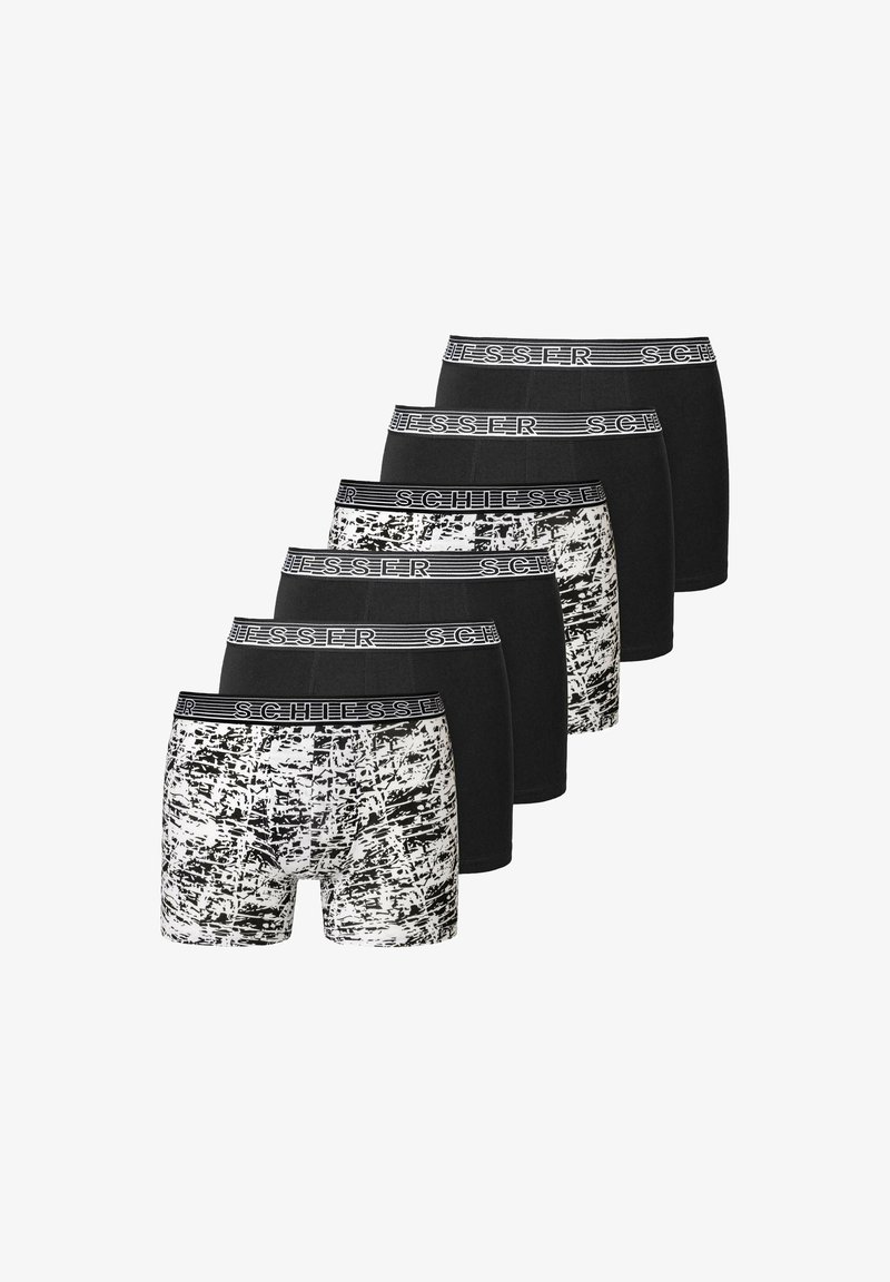 Pack de cinq boxers, présentant un motif graphique en noir et blanc, des options unies en noir et des ceintures élastiques noires avec logos blancs.