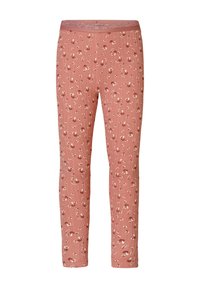 Ljust rosa pyjamasbyxor med ribbad textur, med ett blommigt och bladigt mönster, samt ett mjukt, glittrande midjeband.