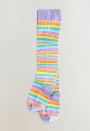 Calze a righe fino al ginocchio in colori pastello, con bande orizzontali di rosa, azzurro, giallo e viola, e un bordo solido di lilla.