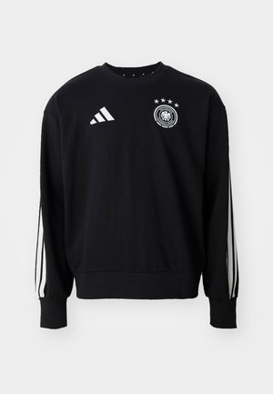 Μαύρη φούτερ φανέλα από βαμβάκι, με στρογγυλή λαιμόκοψη, ριμπέ μανσέτες, λευκές ρίγες Adidas στις μανσέτες και λογότυπο της Γερμανικής Ομοσπονδίας Ποδοσφαίρου.