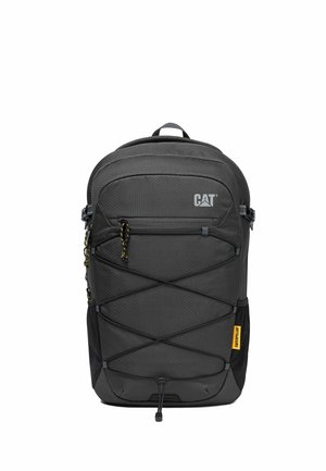 Mochila de la marca Black CAT con bolsillo frontal con cremallera, correas de cordón ajustables que se cruzan en la parte delantera, bolsillos laterales de malla y asa superior para llevar.
