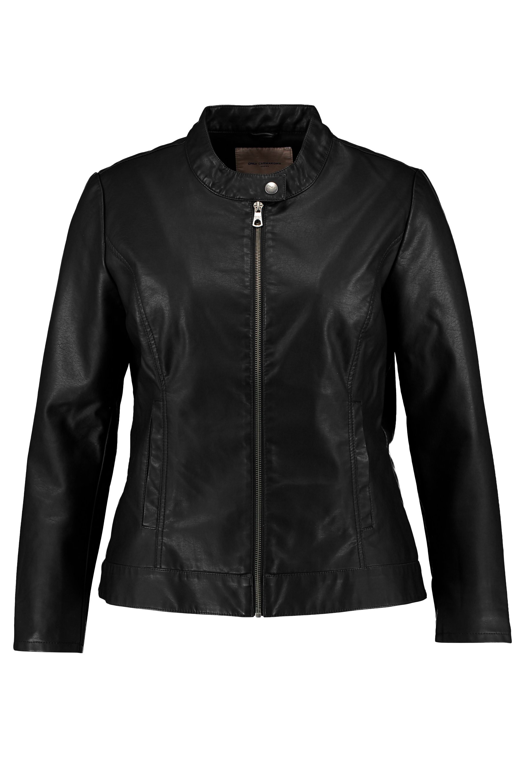 black collarless faux leather jacket