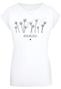 Weißes Baumwoll-T-Shirt mit kurzen Ärmeln, gestaltet mit einem schwarzen Löwenzahn-Druck und dem Wort "DANDELION" in geschwungener Schrift darunter.