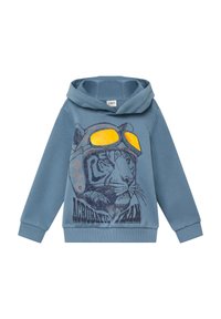 Blauwe hoodie met een tijger die een pilotenhelm en gele goggles draagt, met de tekst "Acrobatic Team" op de voorkant.