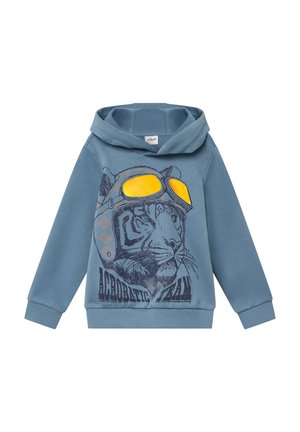 Blauwe hoodie met een tijger die een pilotenhelm en gele goggles draagt, met de tekst "Acrobatic Team" op de voorkant.