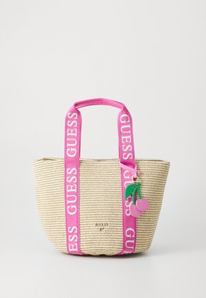 Vævet stråtoilettaske med pink logo-stropper, rund form og et kirsebærcharms. Har struktureret overflade og åbent topdesign.