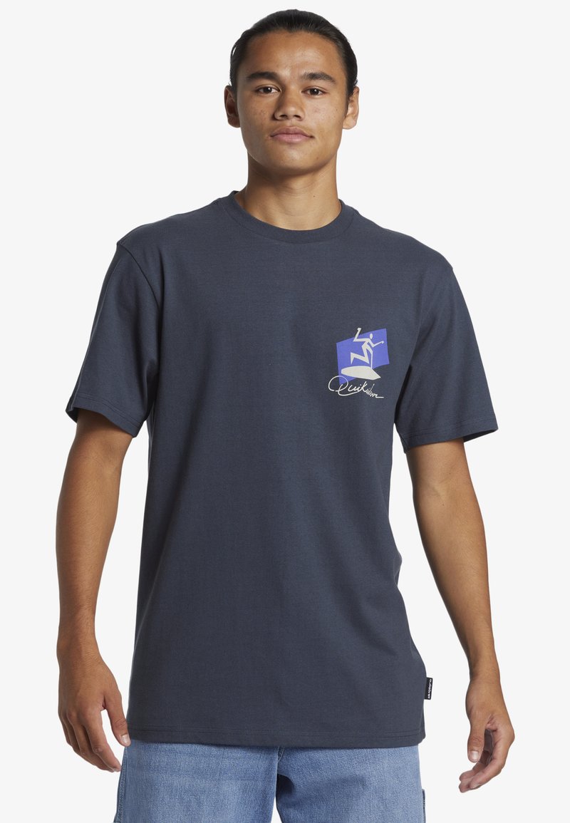 Navy blue cotton t-shirt with a crew neckline, short sleeves, and a graphic design featuring a purple box and logo on the left chest.