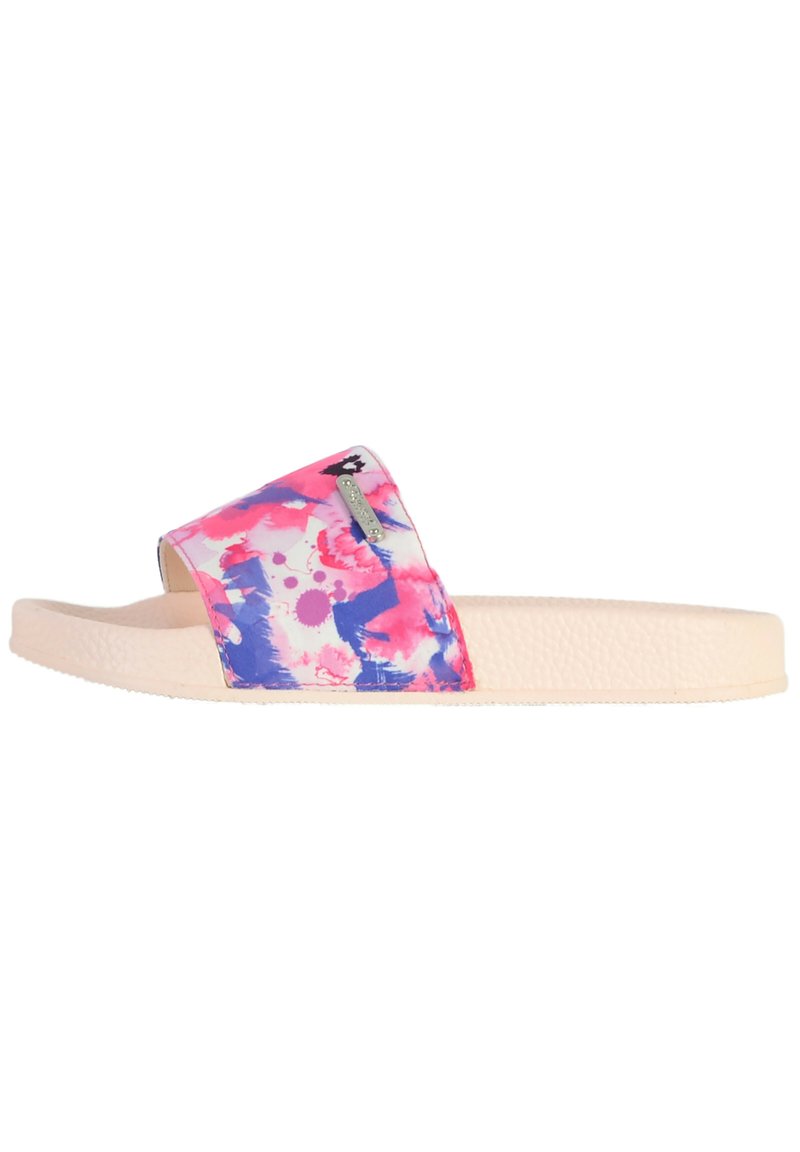 Slide-sandaal met een abstract patroon in roze, blauw en wit. Zachte rubberen voetbed, gestructureerde zool en een brede band over de bovenkant.