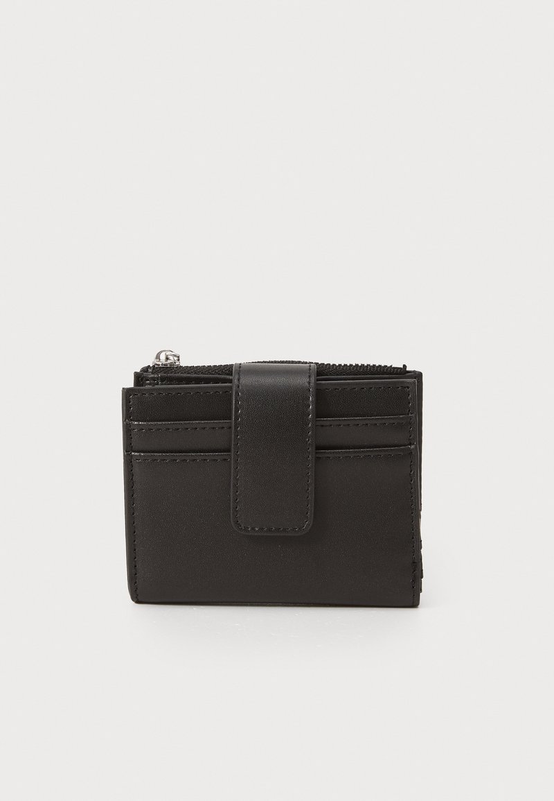 Black leather wallet with a zippered compartment, multiple card slots, and a magnetic closure. Smooth texture and compact design.