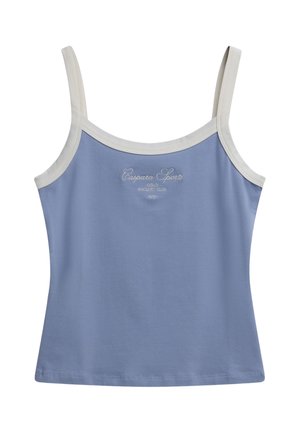 Blå ærmeløs crop top med hvid kant og teksten "Caspara Sports Oslo Racquet Club" på frontens midte.
