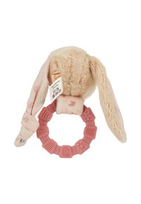 Soft bunny toy with beige plush fur and pink fabric ears, featuring a textured pink silicone teething ring with various tactile shapes.