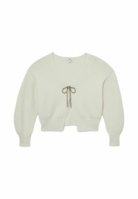 Bílý zkrácený kardigan s výstřihem do V, dlouhými rukávy a žebrovanými manžetami. Obsahuje dekorativní uvázání ve středu přední části. Měkká pletená textilie.