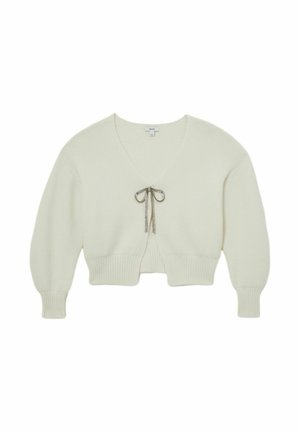 Biely skrátený kardigán s výstrihom do V, dlhými rukávmi a rebrovanými manžetami. Obsahuje dekoratívne viazanie na prednej časti. Mäkká pletená štruktúra.