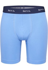 Ljust blå boxer-kalsonger med ett marinblått elastiskt midjeband märkt "Phil & Co." Har en slät textur och en figurnära design.