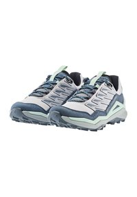 Hiking shoes in light gray and navy blue, featuring a textured upper, reinforced toe, and a rugged sole with pronounced treads for traction.