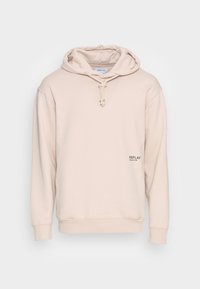 Felpa con cappuccio beige chiaro, a maniche lunghe, con cordino frontale e piccolo logo "REPLAY Second Life" sul lato destro in basso.