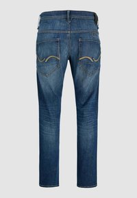 Blauwe denim jeans met een rechte snit, voorzien van twee achterzakken met een gebogen stikselontwerp in lichtbruin.