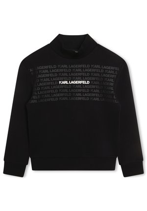 Sort langærmet sweatshirt med høj krave, der har gentaget "KARL LAGERFELD" tekst på tværs af brystet i forskellige nuancer.