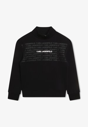 Sort langærmet sweatshirt med høj krave, der har gentaget "KARL LAGERFELD" tekst på tværs af brystet i forskellige nuancer.