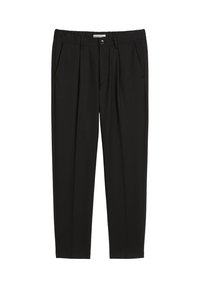 Black tailored trousers with front pleats, side pockets, belt loops, and a button closure, shown against a white background.