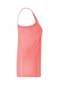 Top in corallo realizzato in un tessuto morbido e leggero. Presenta un design a racerback e dettagli laterali riflettenti per una maggiore visibilità.