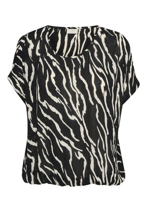 Schwarze und weiße Zebra-Print-Bluse mit lockerem Schnitt, kurzen Ärmeln und rundem Halsausschnitt. Aus leichtem, strukturiertem Stoff gefertigt.